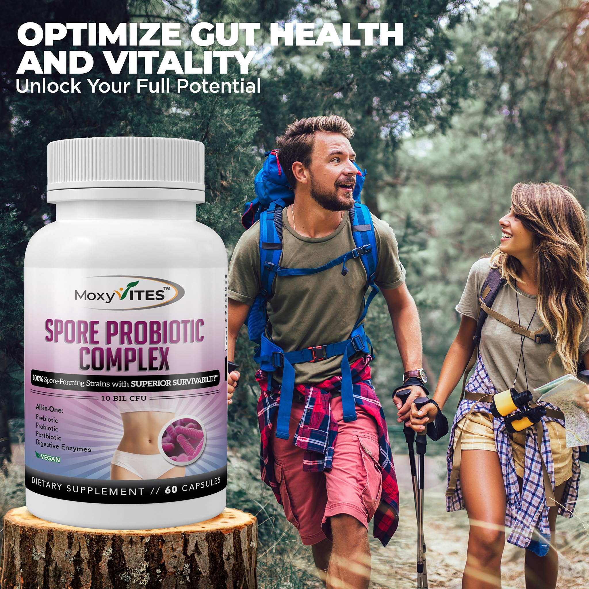 10 billion CFUs potency indicated for MoxyVites Spore Probiotic stability.