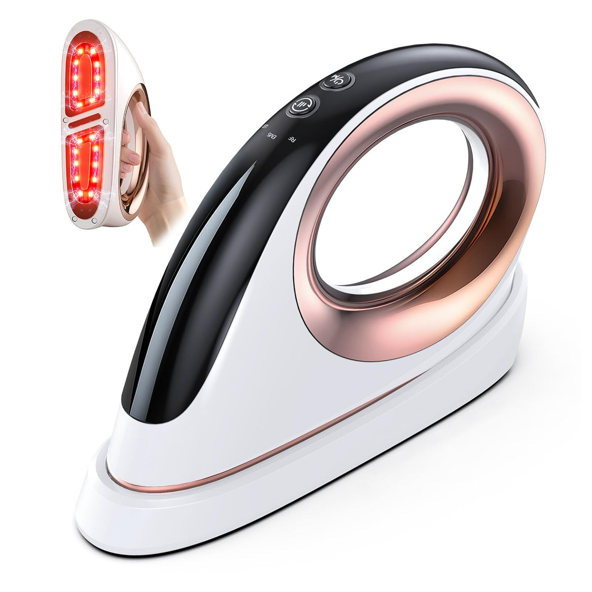 Mozoss cellulite massager on abdomen for at-home body care and potential cellulite reduction.