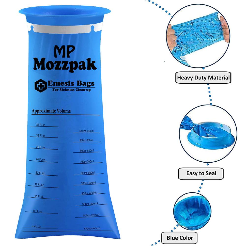 MP Mozzpak blue color emesis bag shown for safe waste containment.