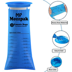 MP Mozzpak blue color emesis bag shown for safe waste containment.
