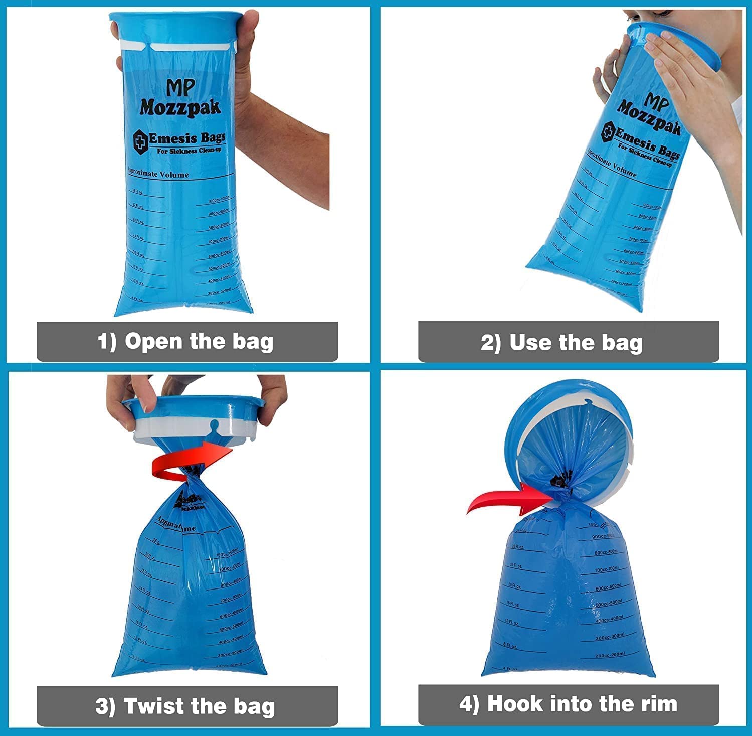 MP Mozzpak Vomit Bags leak-proof design protects clothing and seats.