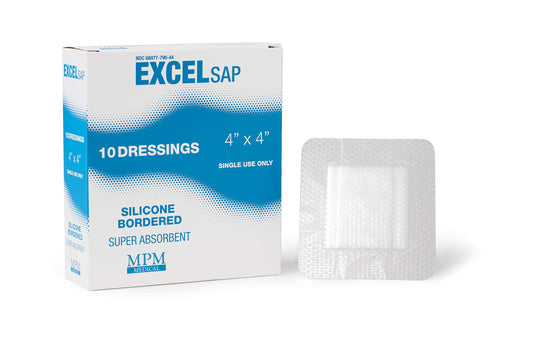 MPM Medical Excel SAP silicone-bordered dressing 4x4: secure adhesive border and superior absorption for exuding wounds.