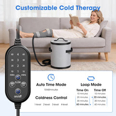 MQHOOB knee ice machine control panel shows timer and flow options for personalized therapy.