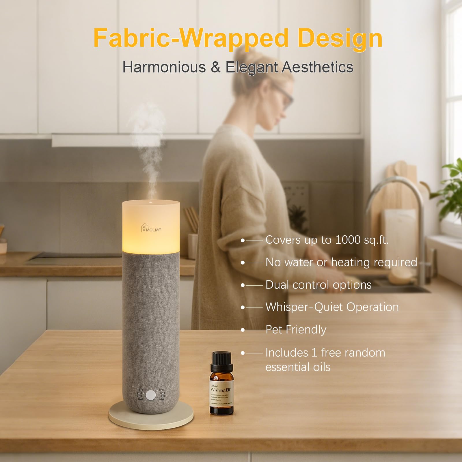 MQLMF diffuser with candlelight lamp creates warm, inviting ambiance.