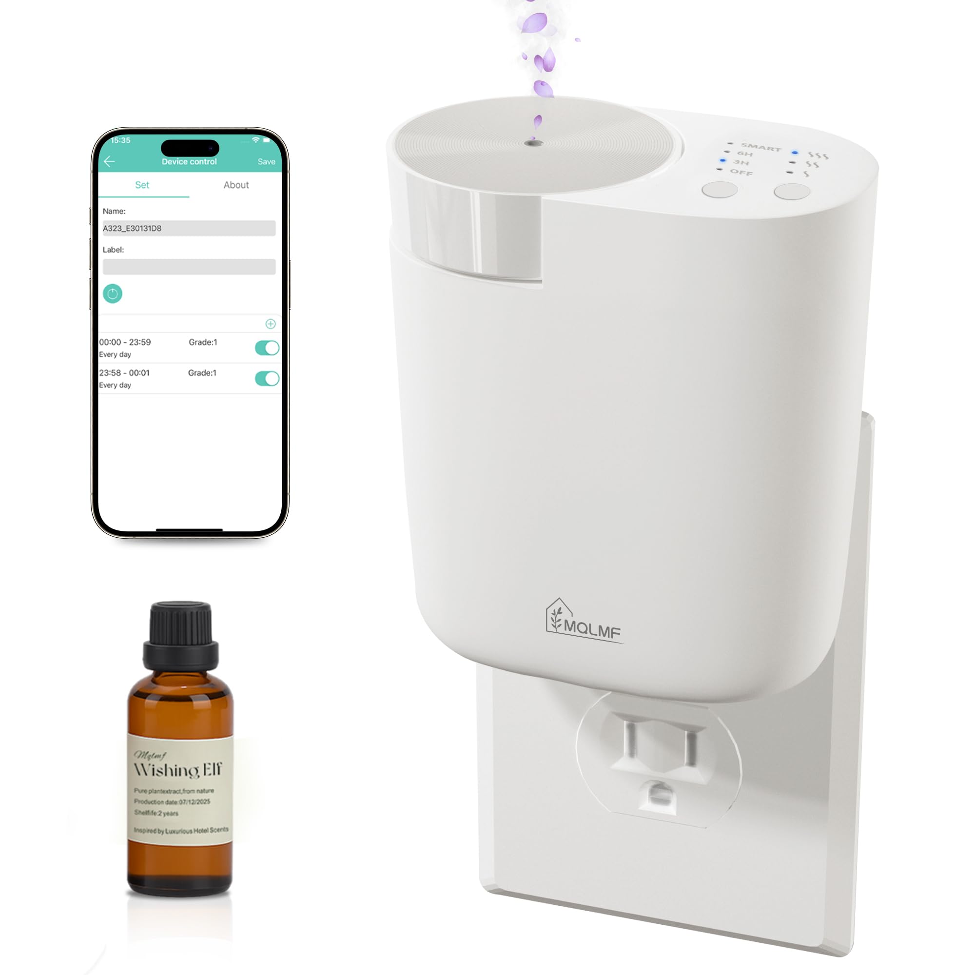MQLMF plug-in diffuser shows anti-tilt flush wall mount for secure placement.