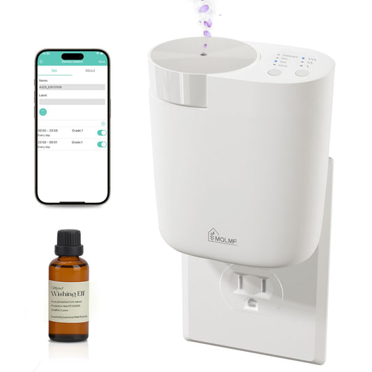 MQLMF plug-in diffuser shows anti-tilt flush wall mount for secure placement.