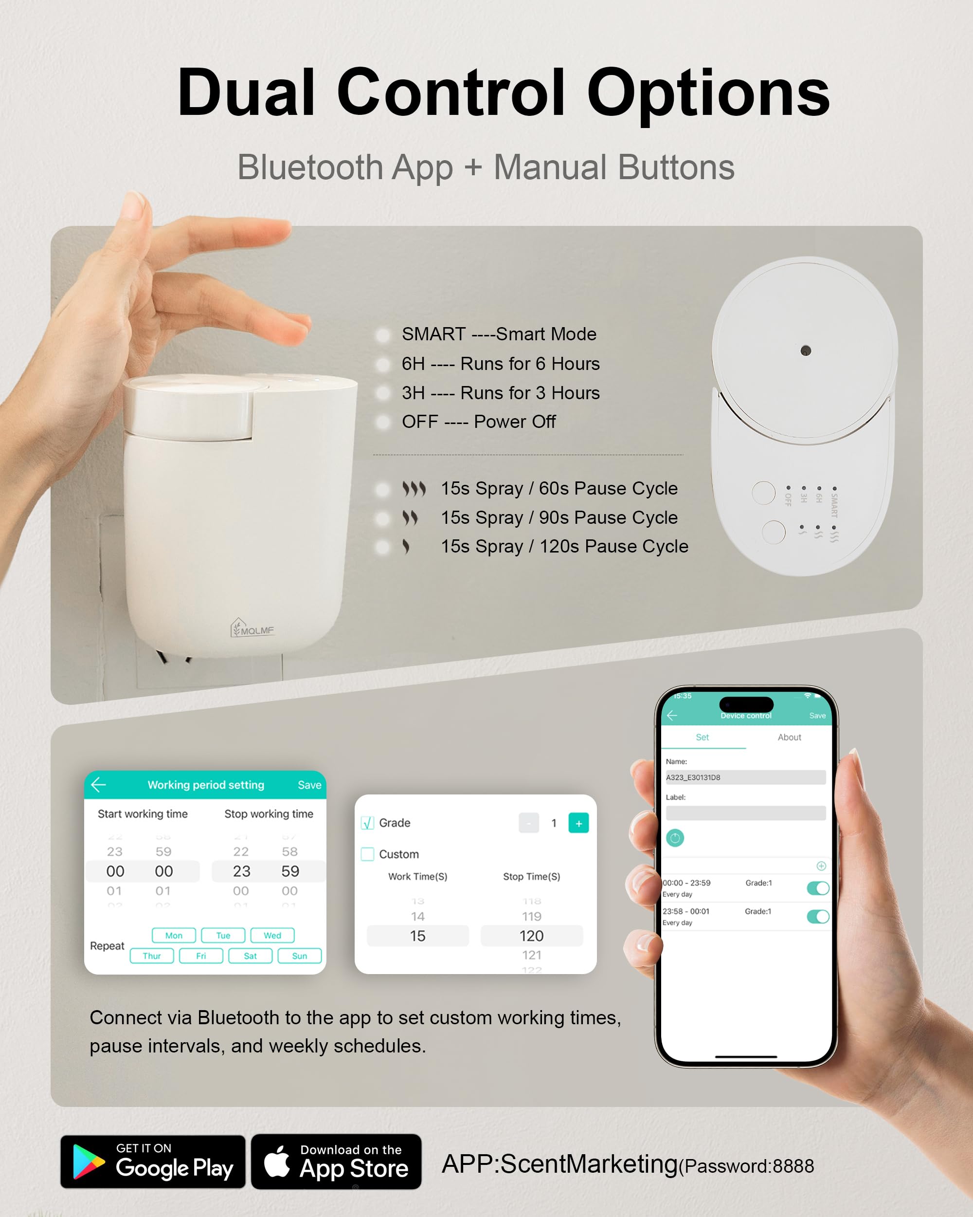 MQLMF with Bluetooth app control enables scheduling and scent levels.