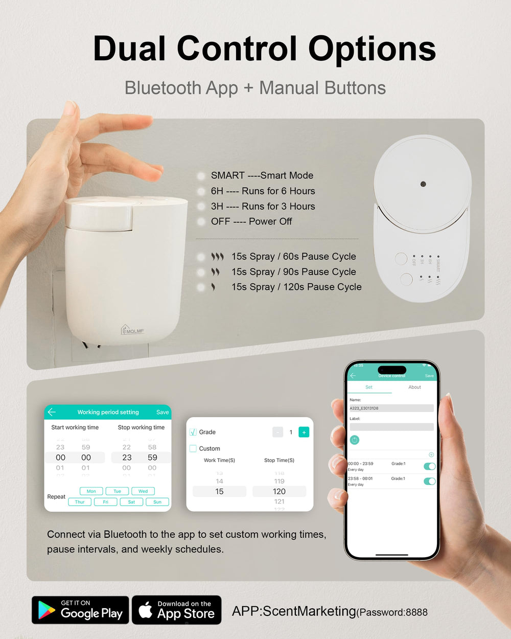 MQLMF with Bluetooth app control enables scheduling and scent levels.