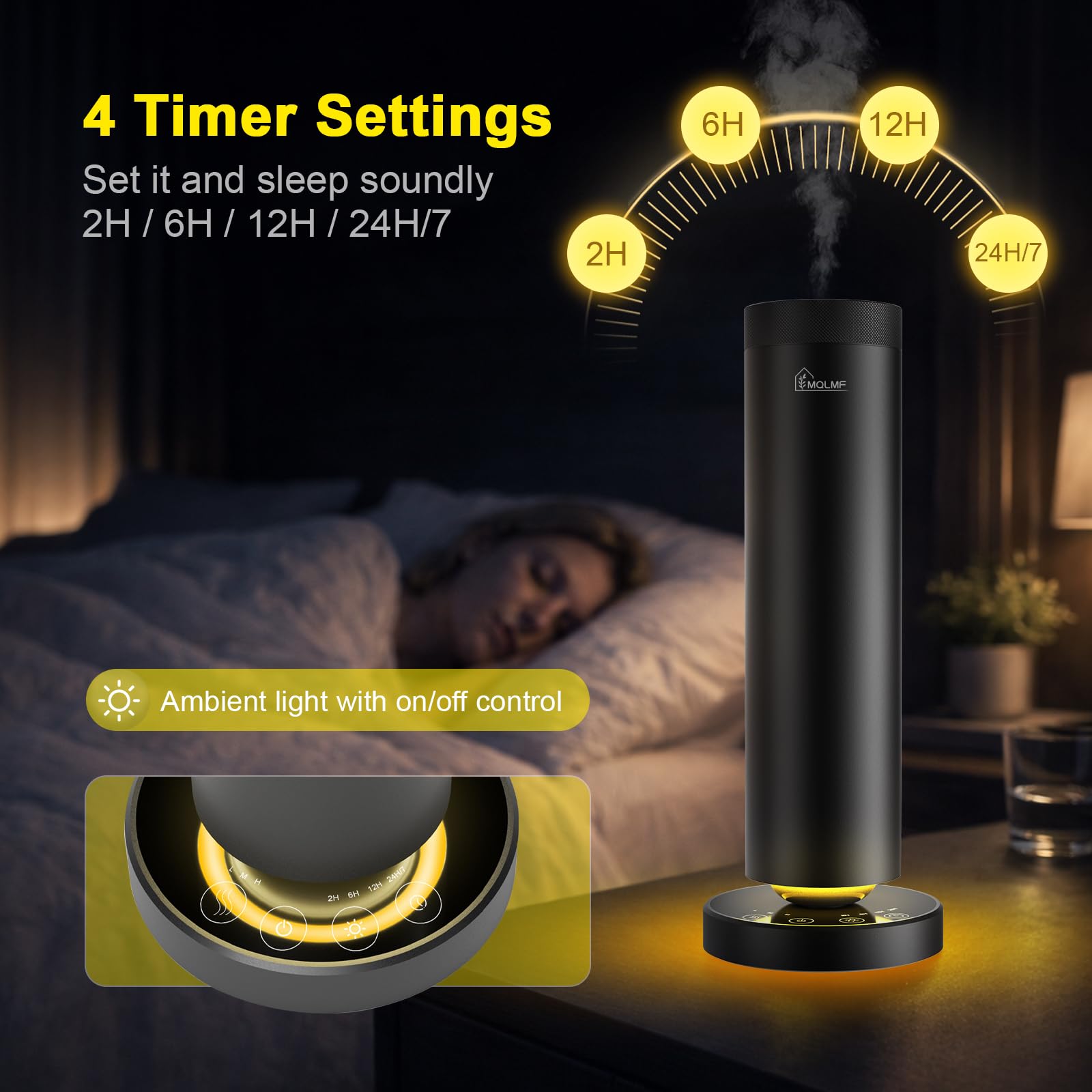 MQLMF waterless diffuser remote control and touch buttons for easy adjustment.