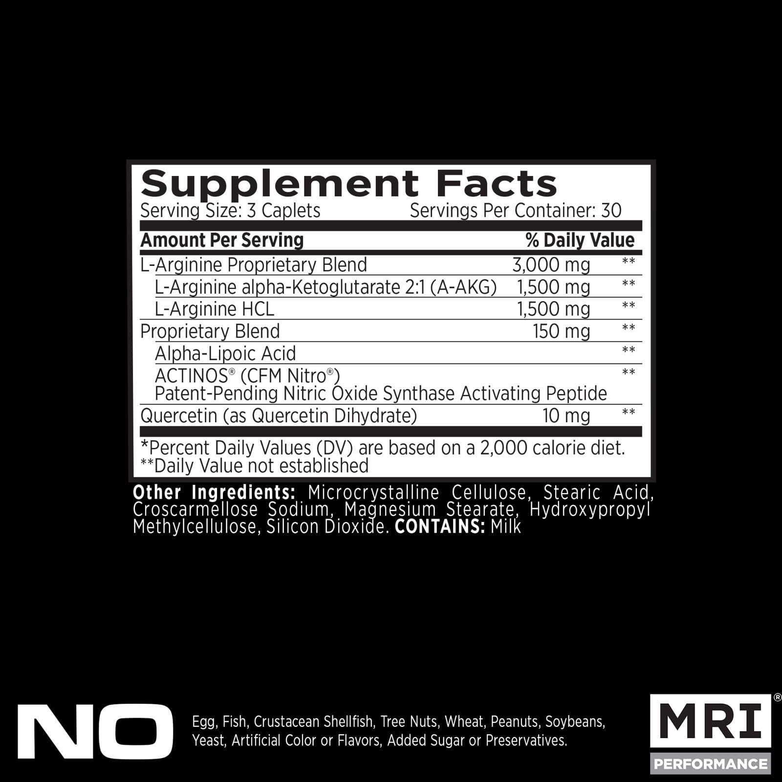 MRI Performance NO2 capsules closeup showing L-Arginine and AAKG potency.