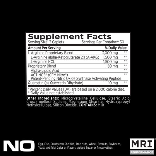 MRI Performance NO2 capsules closeup showing L-Arginine and AAKG potency.