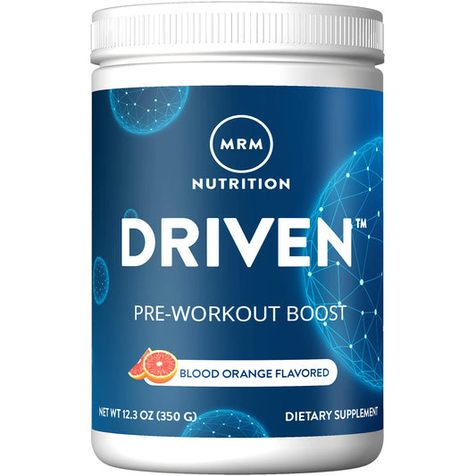 MRM Driven pre-workout bottle with blood orange flavor for focused training energy