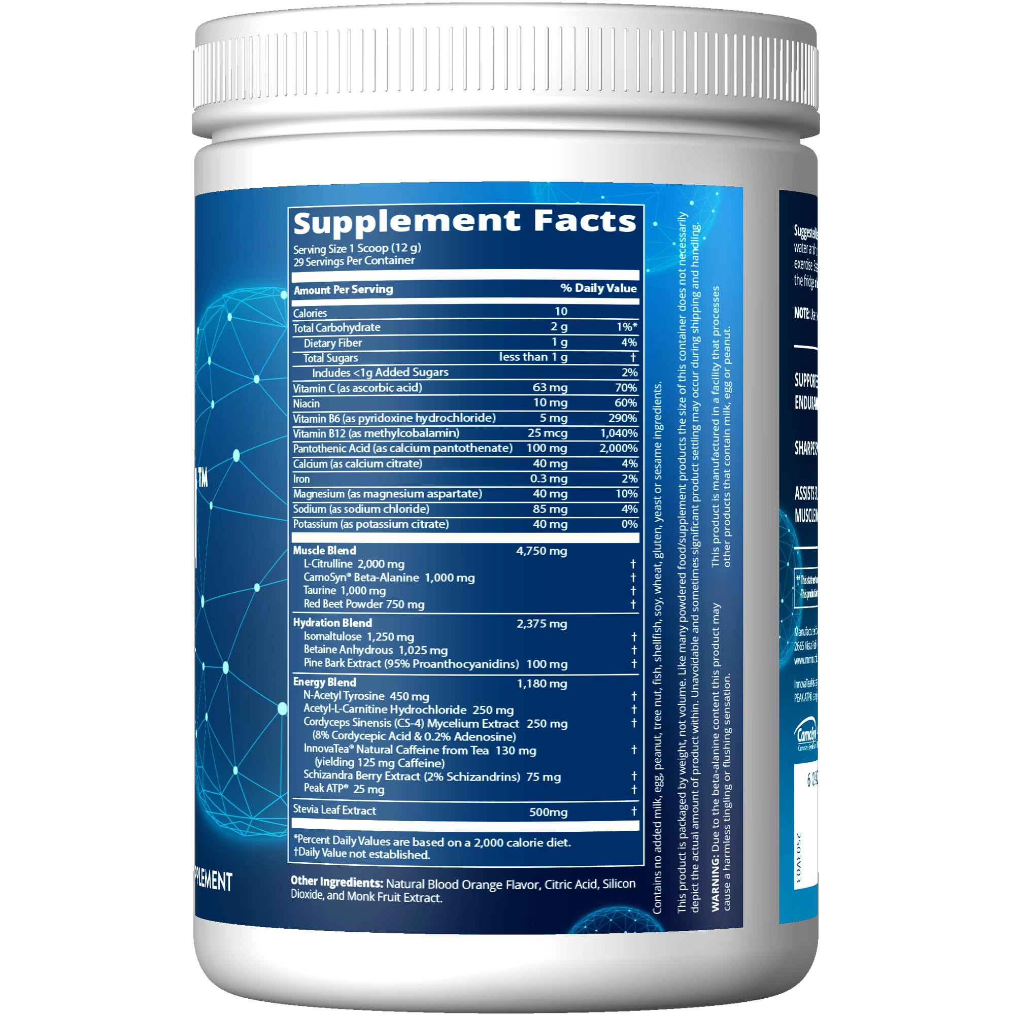 MRM Driven powder scoop beside bottle highlighting vegan gluten-free energy