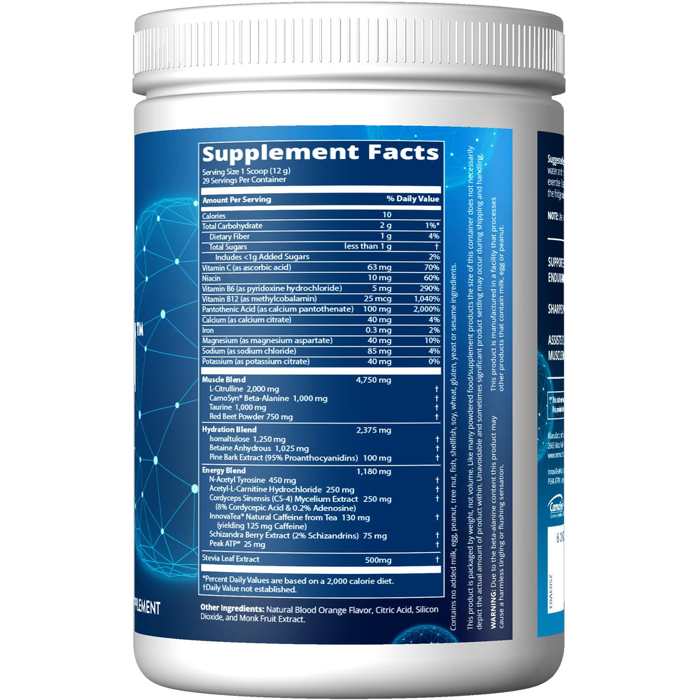 MRM Driven powder scoop beside bottle highlighting vegan gluten-free energy