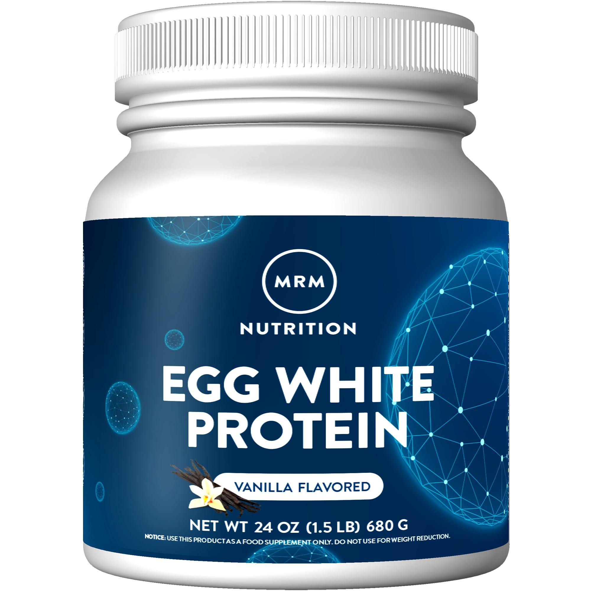 MRM Egg White Protein Vanilla Powder on a kitchen counter, clean protein source.