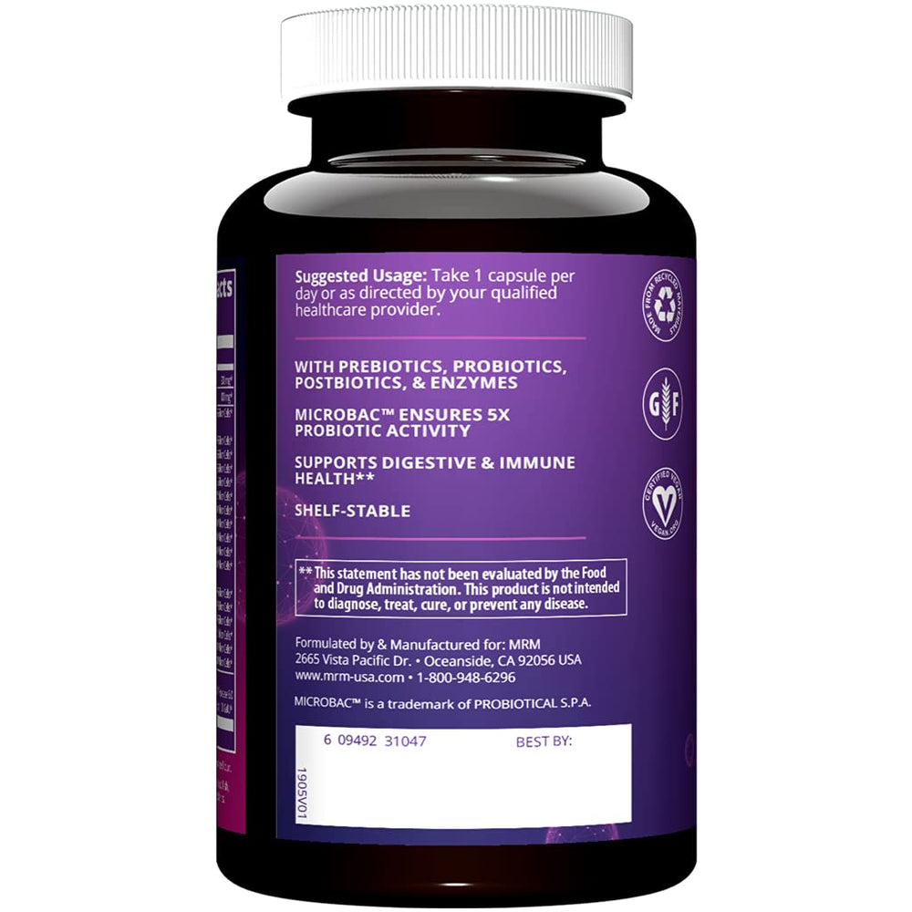 MRM Nutrition label closeup showing prebiotic and postbiotic ingredients
