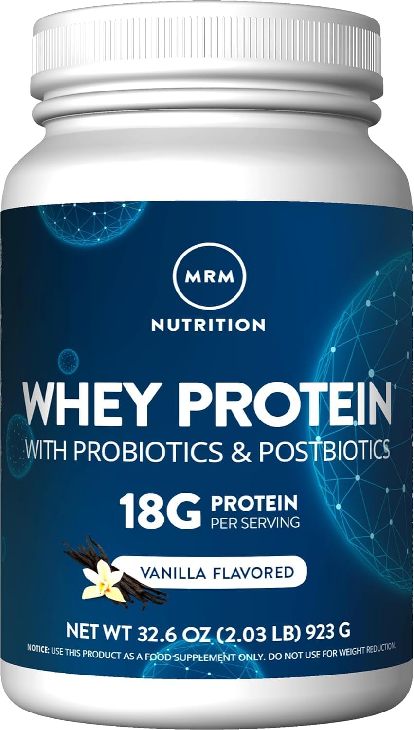 MRM Nutrition Whey Protein Vanilla bottle shows clean ingredients and shake-ready protein