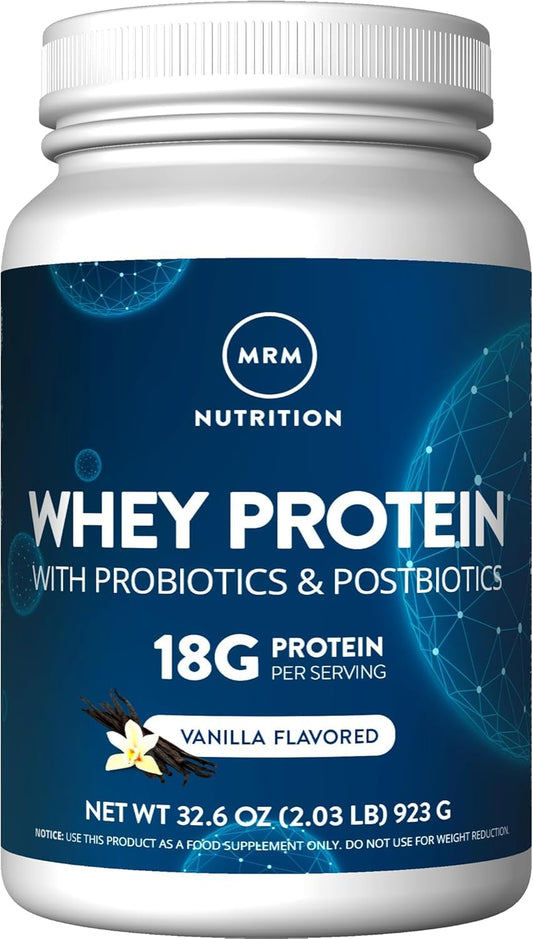MRM Nutrition Whey Protein Vanilla bottle shows clean ingredients and shake-ready protein
