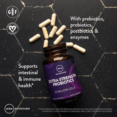 MRM Probiotics bottle closeup highlighting 16 strains and 25B cells