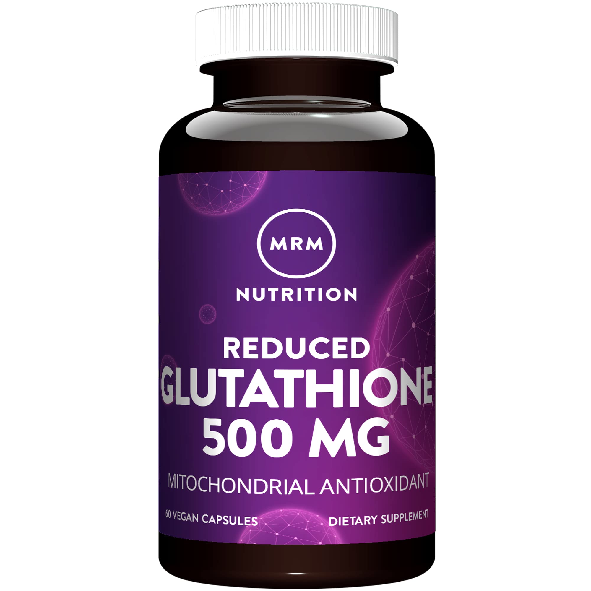 MRM Reduced Glutathione 500mg bottle label highlighting vegan formula and stability.