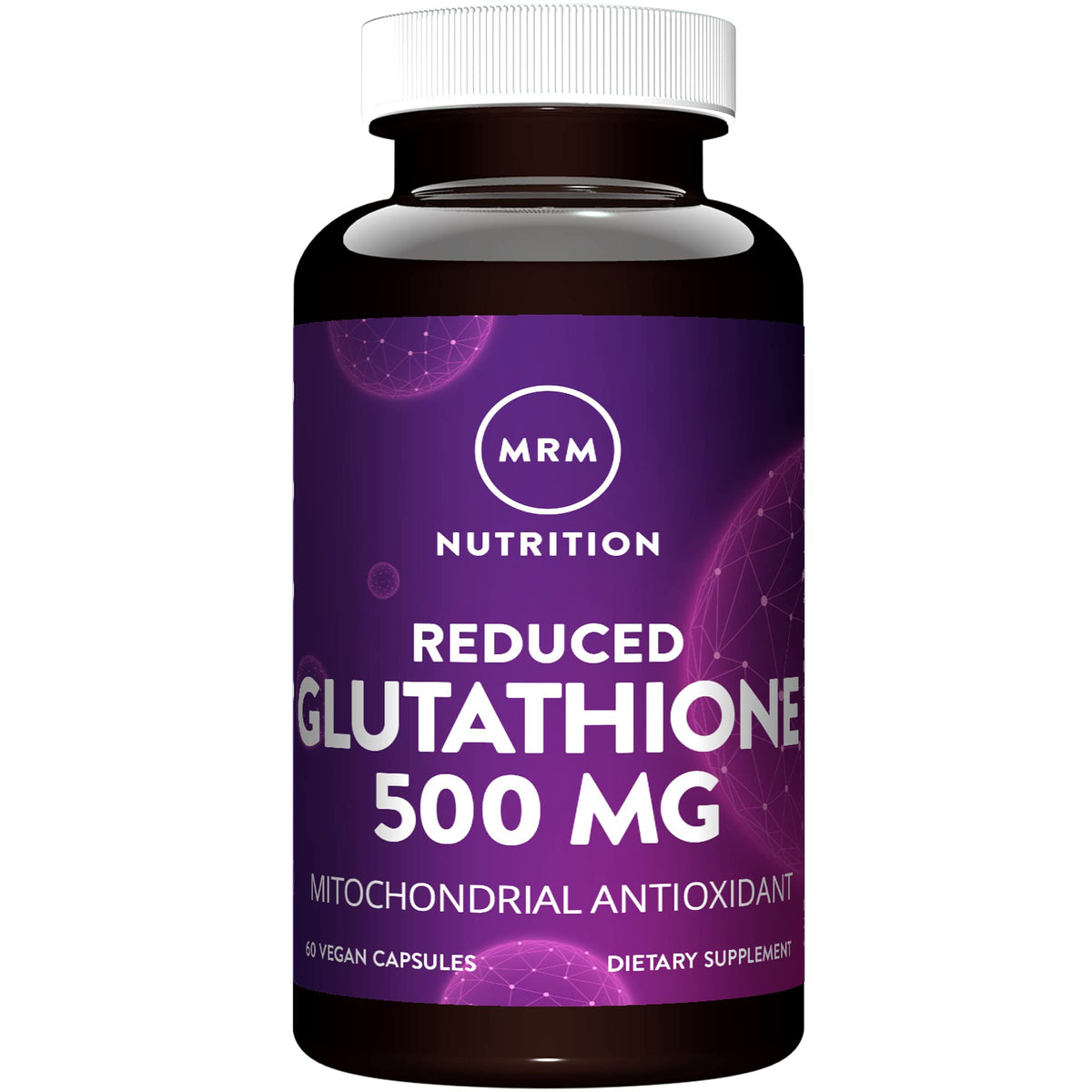 MRM Reduced Glutathione 500mg bottle label highlighting vegan formula and stability.