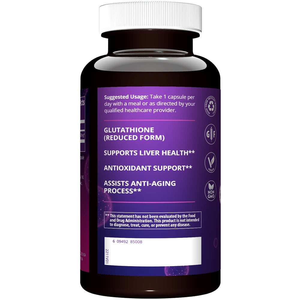 MRM Reduced Glutathione 500mg bottle pour suggests daily use with meals.