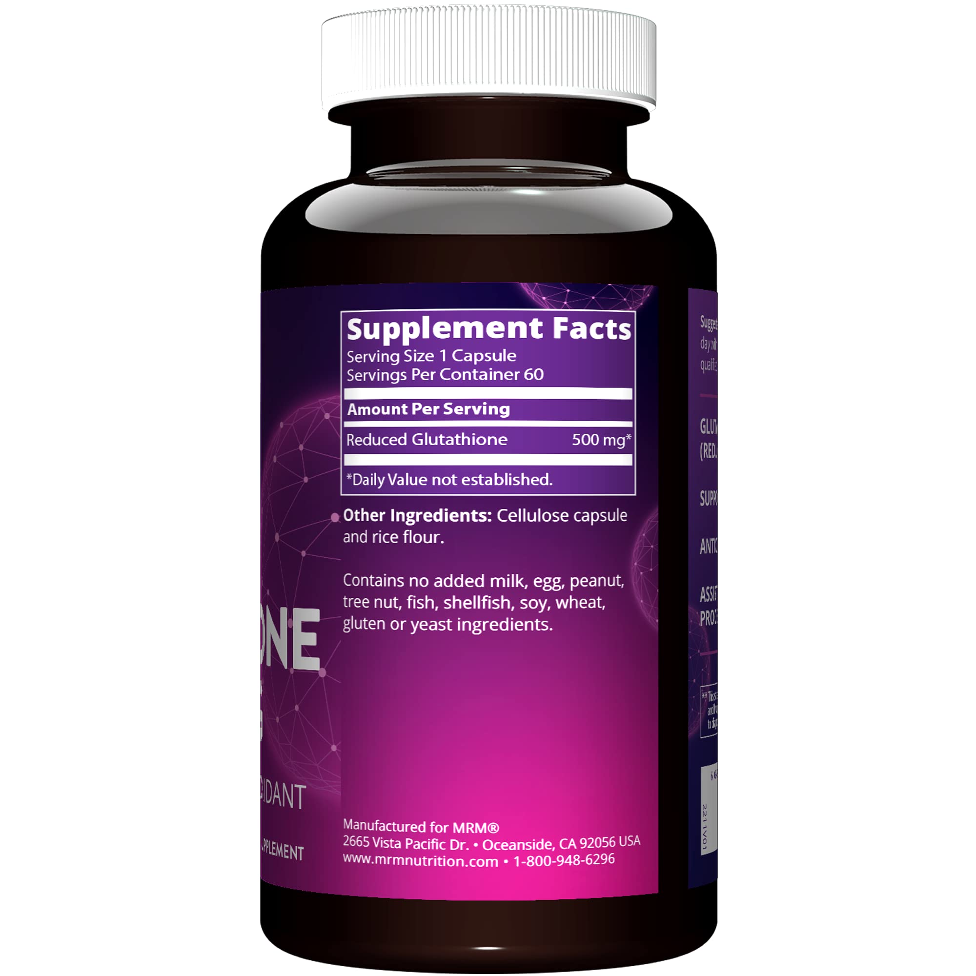 MRM Reduced Glutathione 500mg capsules closeup emphasizes stable, bioavailable form.