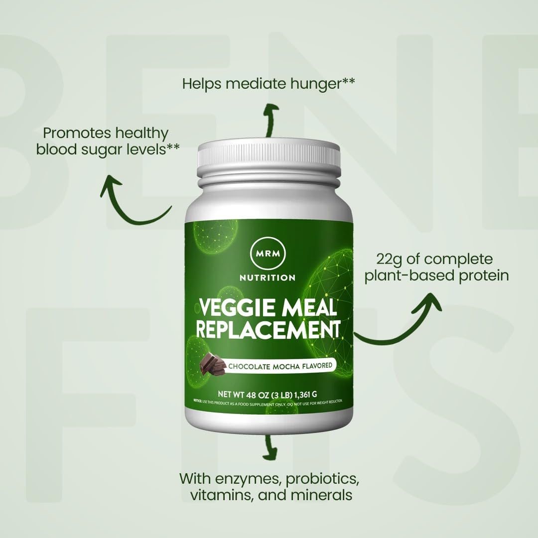 Close view of natural ingredients in MRM Veggie Meal Replacement Chocolate Mocha blend.
