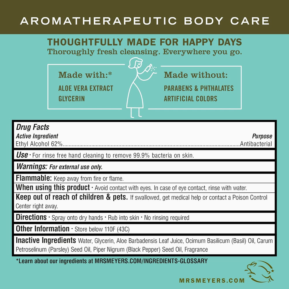 Mrs. Meyer's Basil sanitizer bottle front label highlighting scent.
