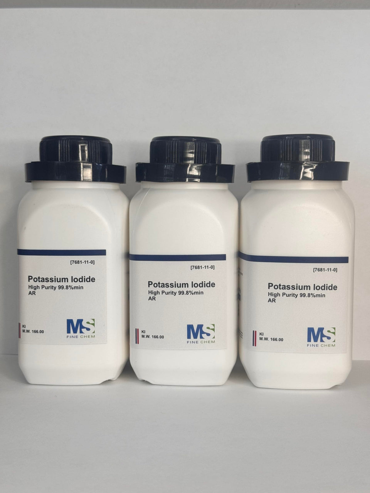 MS Finechem potassium iodide crystals in three 100 g packs show high purity for lab use