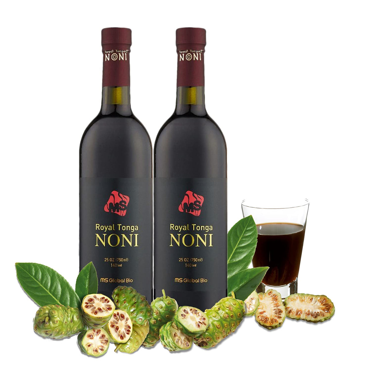 MS Global Bio Royal Tonga Noni bottle front, premium juice for daily vitality.