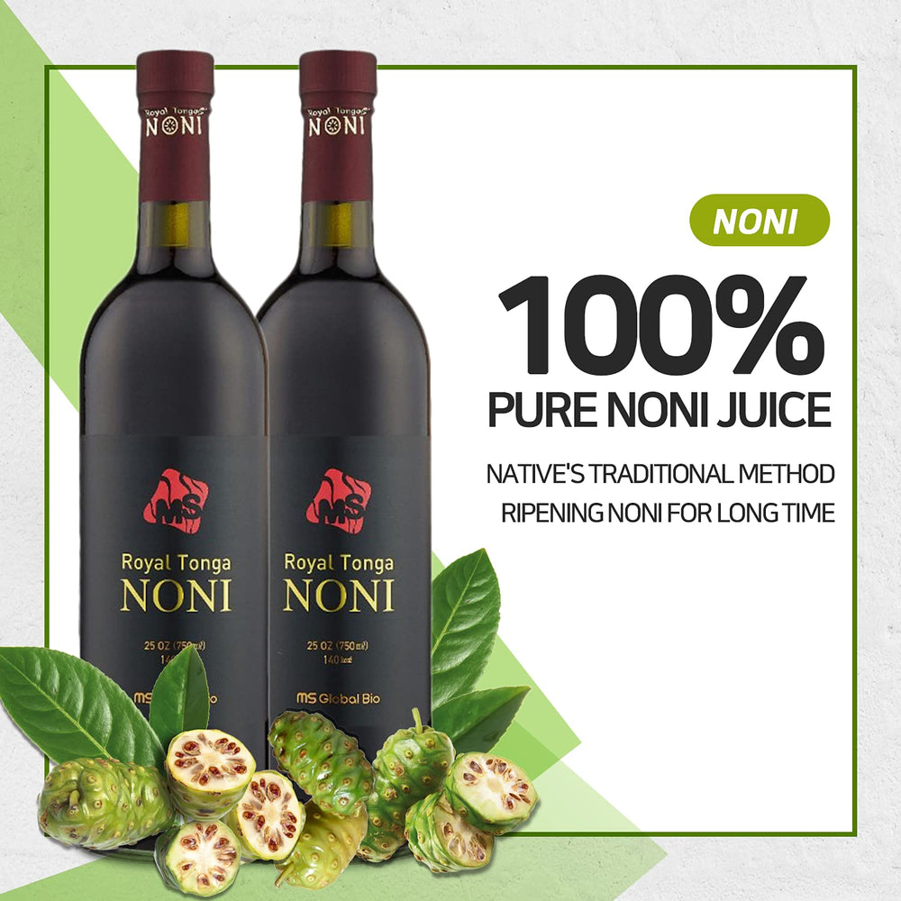 MS Global Bio Royal Tonga Noni bottle label showcases authentic origin.
