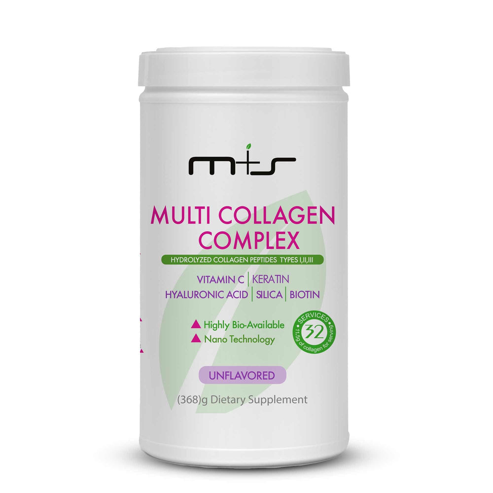 M+S Multi Collagen Complex bottle on a counter for daily skin and joint support.