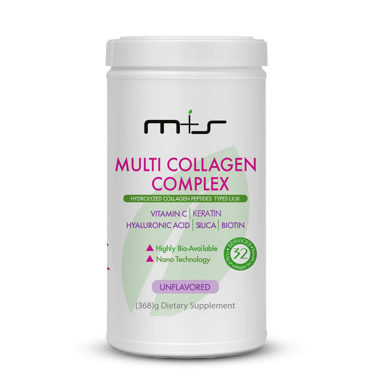 M+S Multi Collagen Complex bottle on a counter for daily skin and joint support.