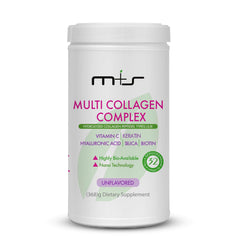 M+S Multi Collagen Complex bottle on a counter for daily skin and joint support.