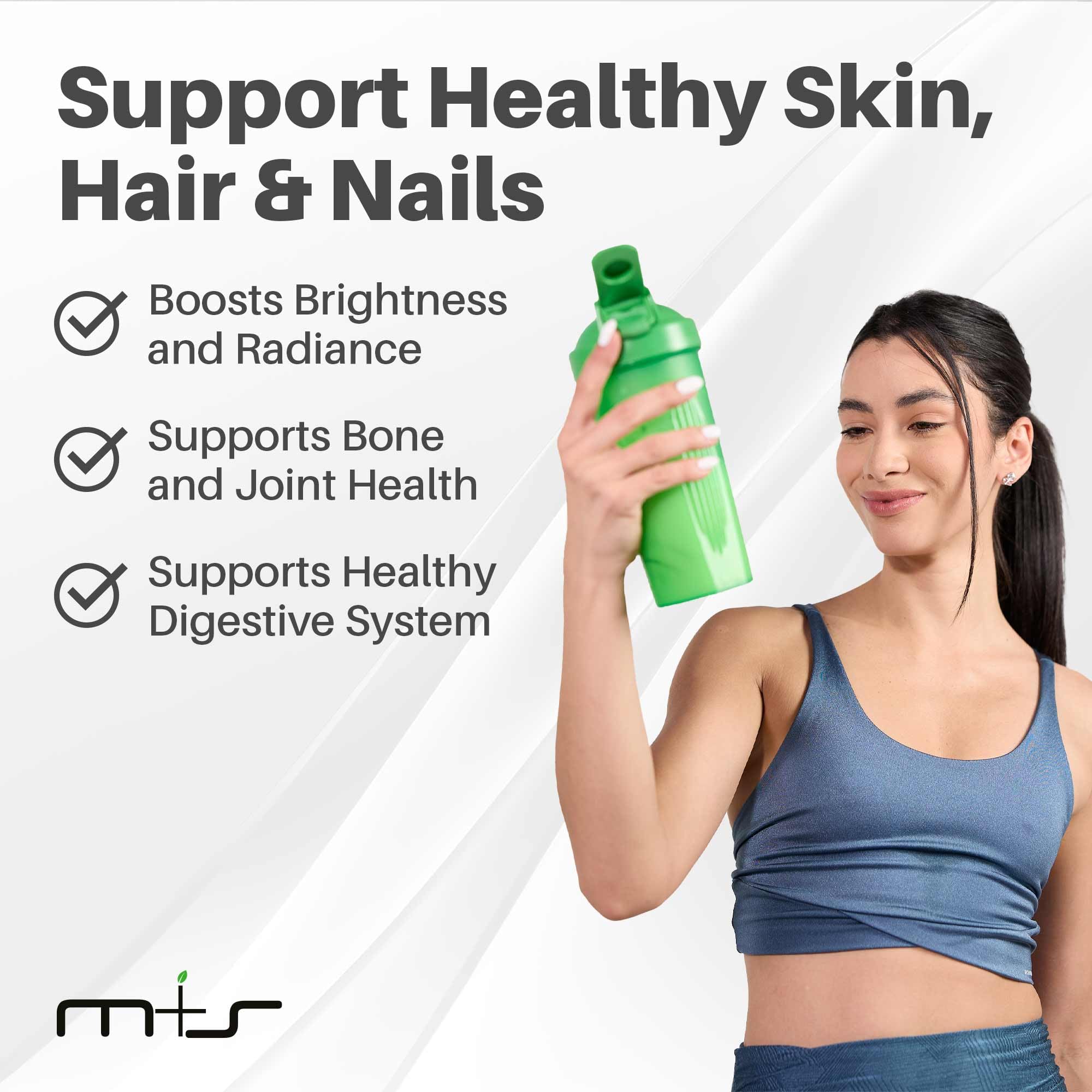 M+S ingredients layout highlighting hydrolyzed collagen types I-III and essentials.