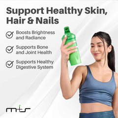 M+S ingredients layout highlighting hydrolyzed collagen types I-III and essentials.