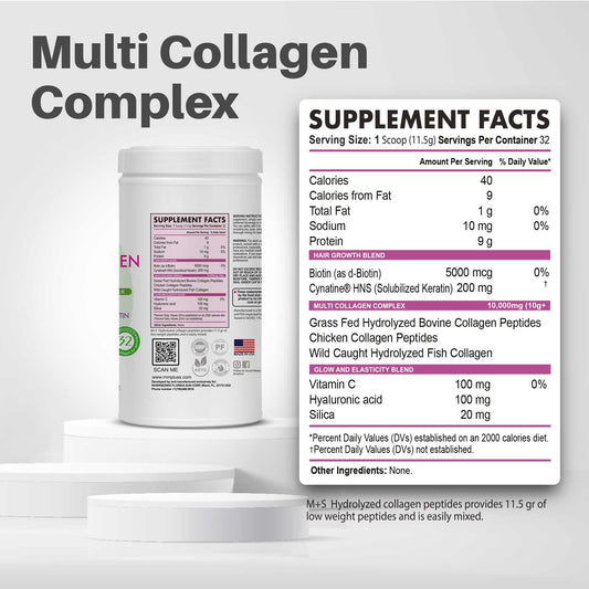 M+S collagen powder scoop showing easy daily mixing.