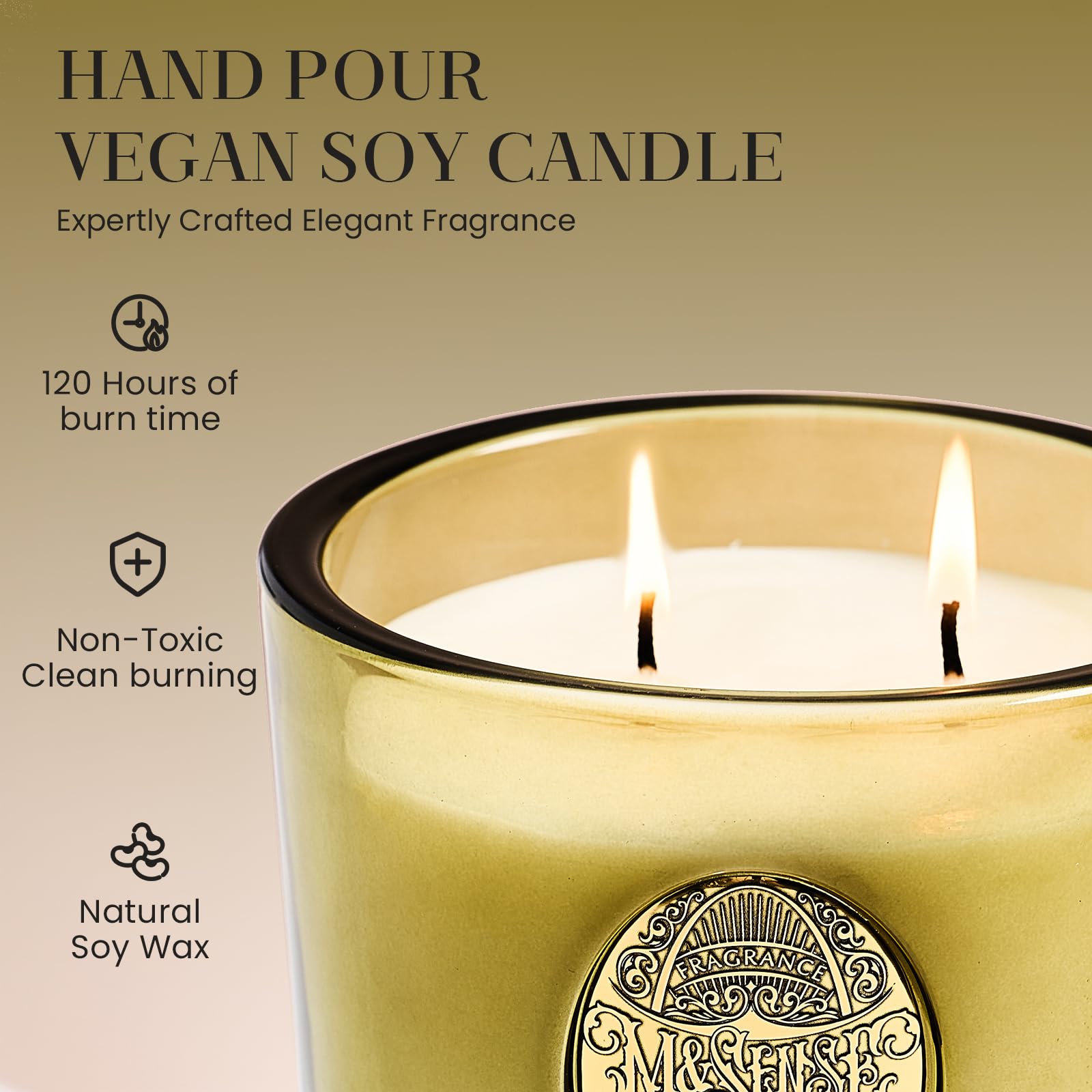 Msense candle close-up showing dual wicks for even burn and low soot