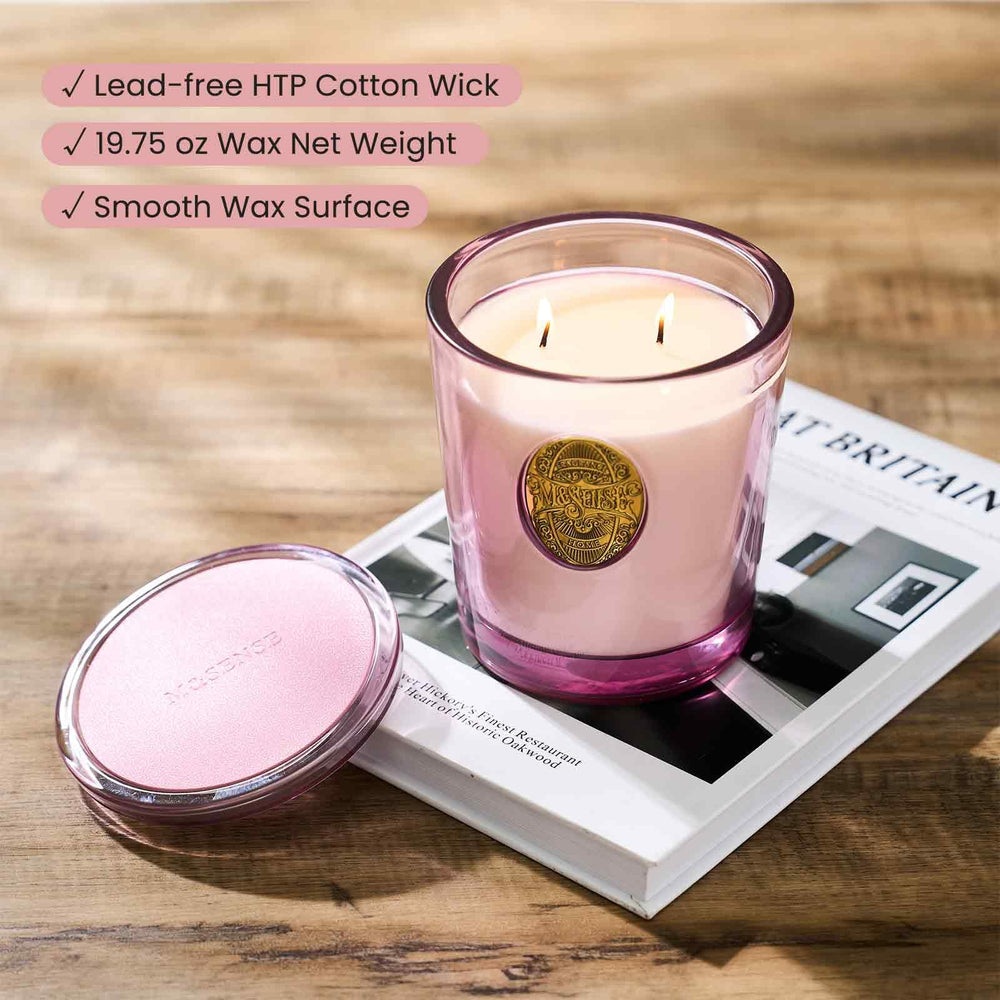 M&SENSE candle lit in a cozy bedroom creating relaxing ambiance.