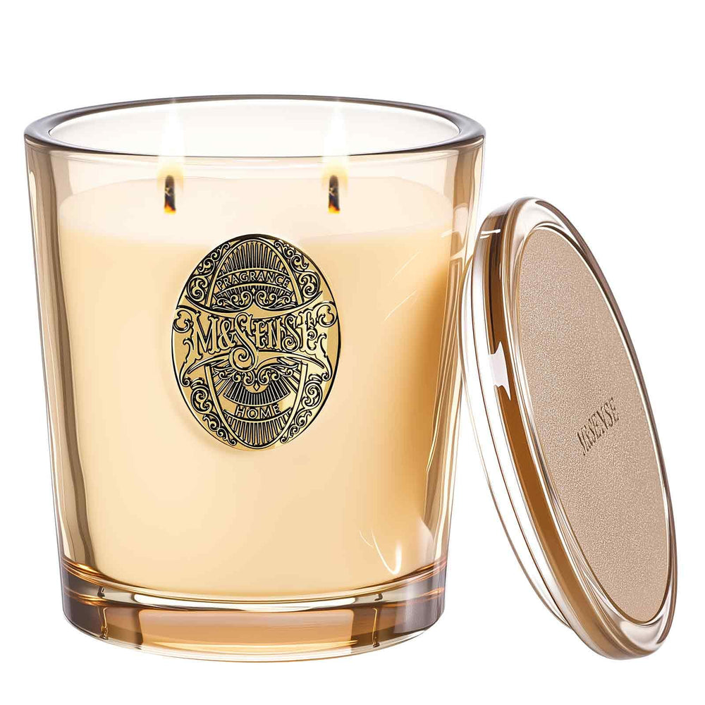 M&SENSE Cheer Champagne & Gold candle in a glass jar for warm, festive ambience.