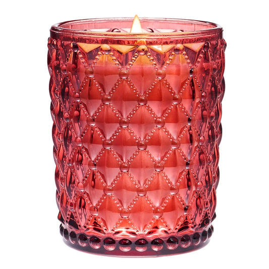 M&SENSE Dark Rose & Amber candle front view glowing warmly for cozy spaces.