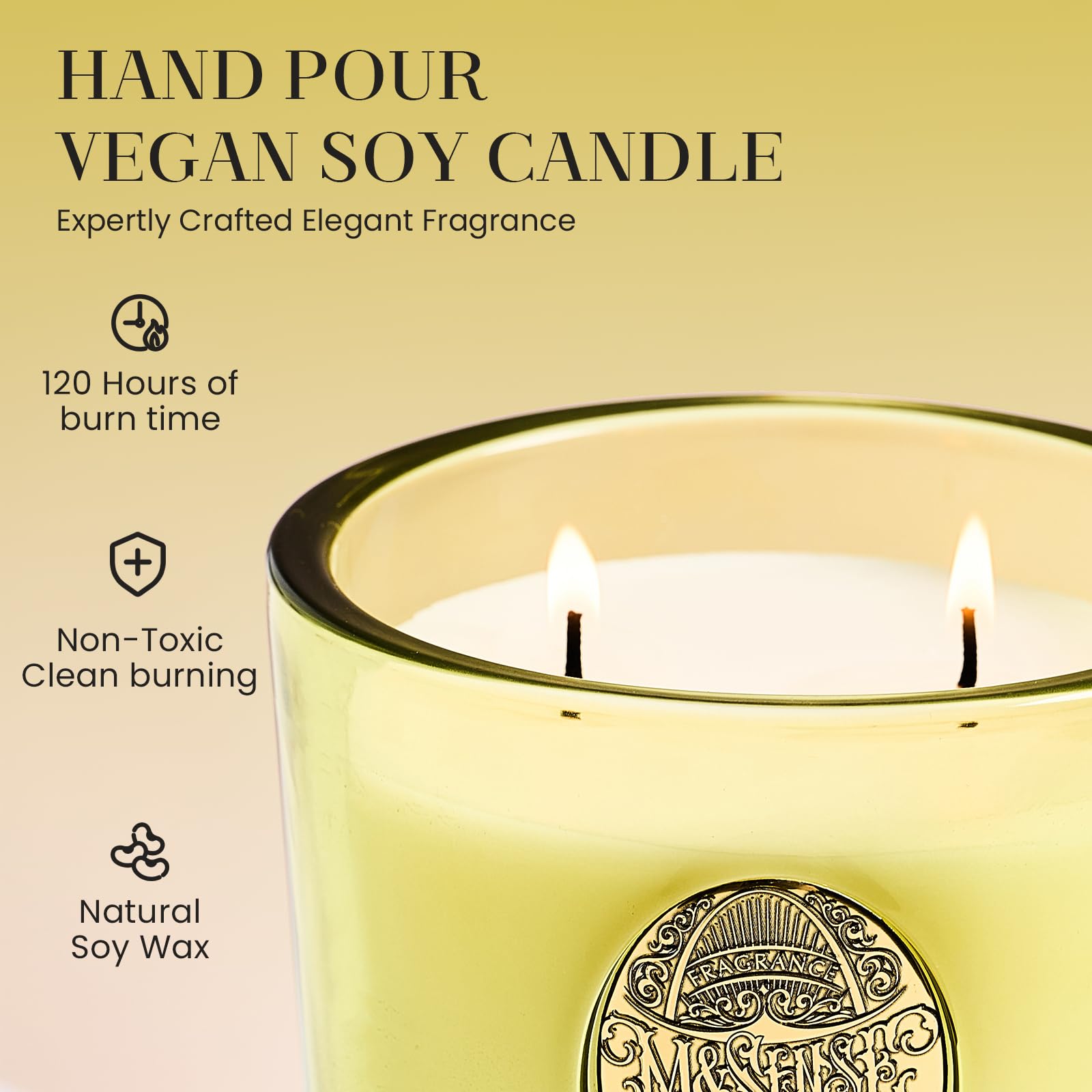 M&SENSE dual-wicks close-up showing steady burn and even fragrance release.