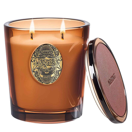 M&SENSE large two-wick candle releasing a warm espresso hot fudge aroma.