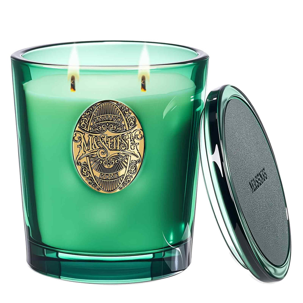 M&SENSE large two-wick soy candle in eucalyptus cedarwood for extended aroma.