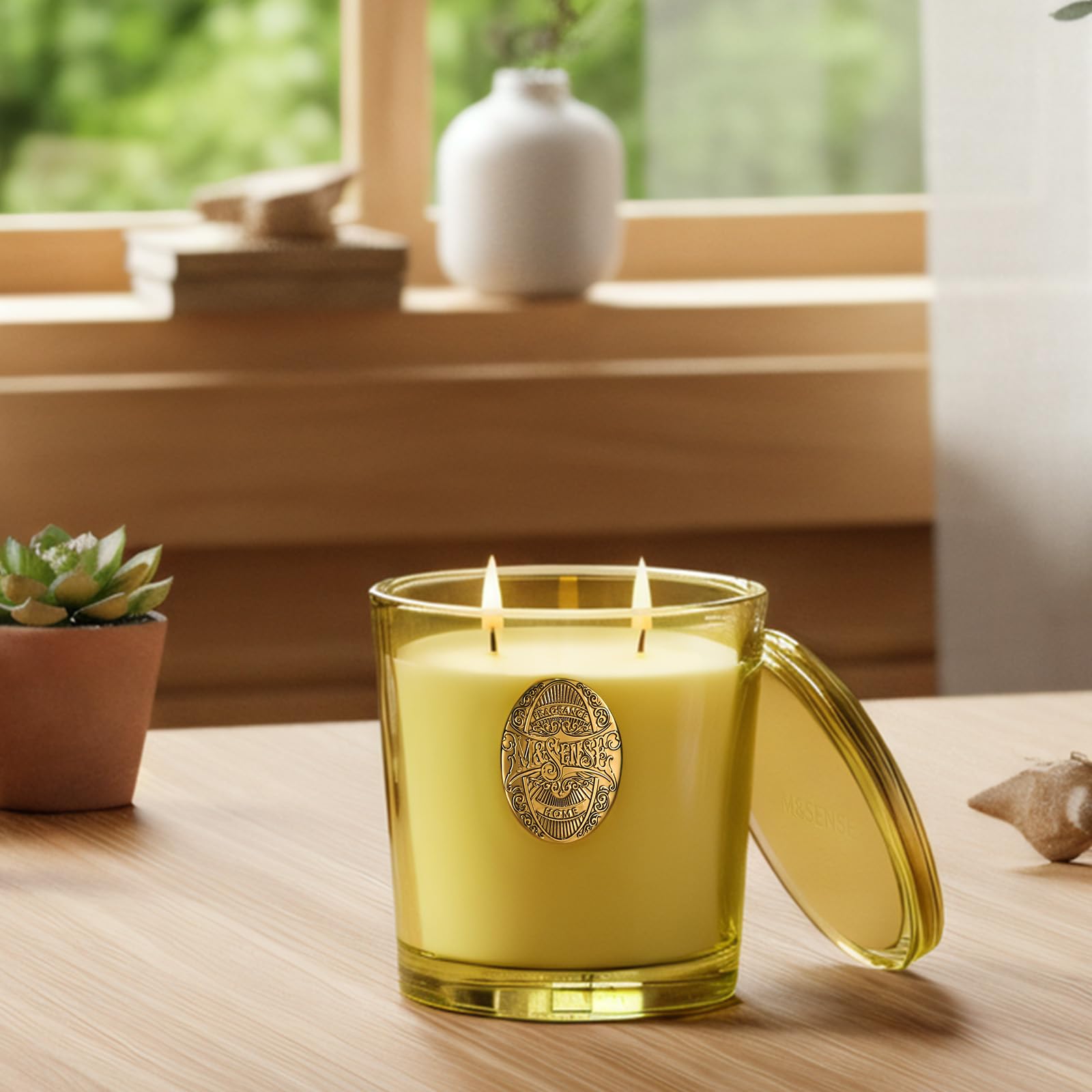 MSENSE Matcha Green two-wick candle provides balanced burn and serene ambiance.