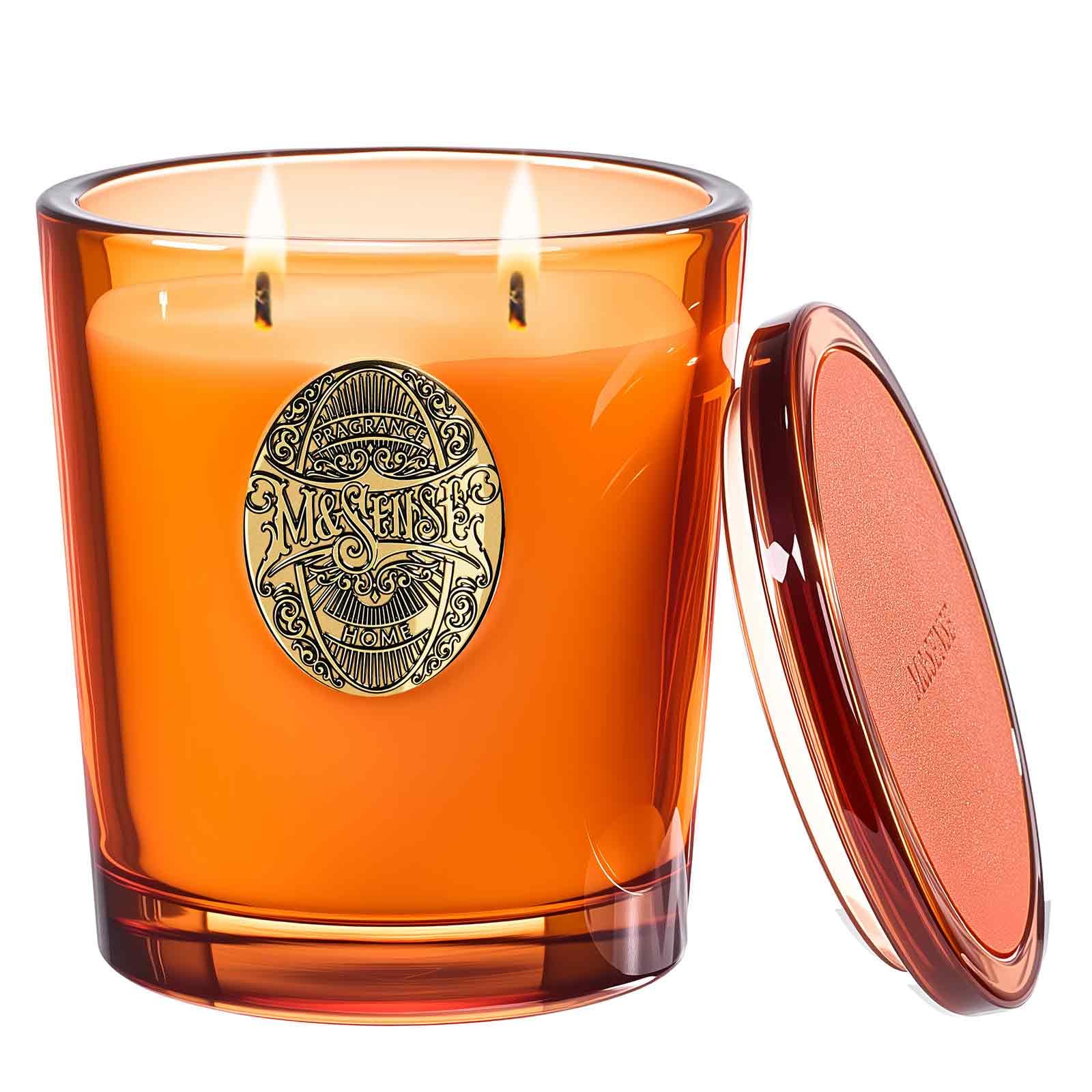 M&SENSE large two-wick soy candle with noir air neon orange glow for relaxing spaces.