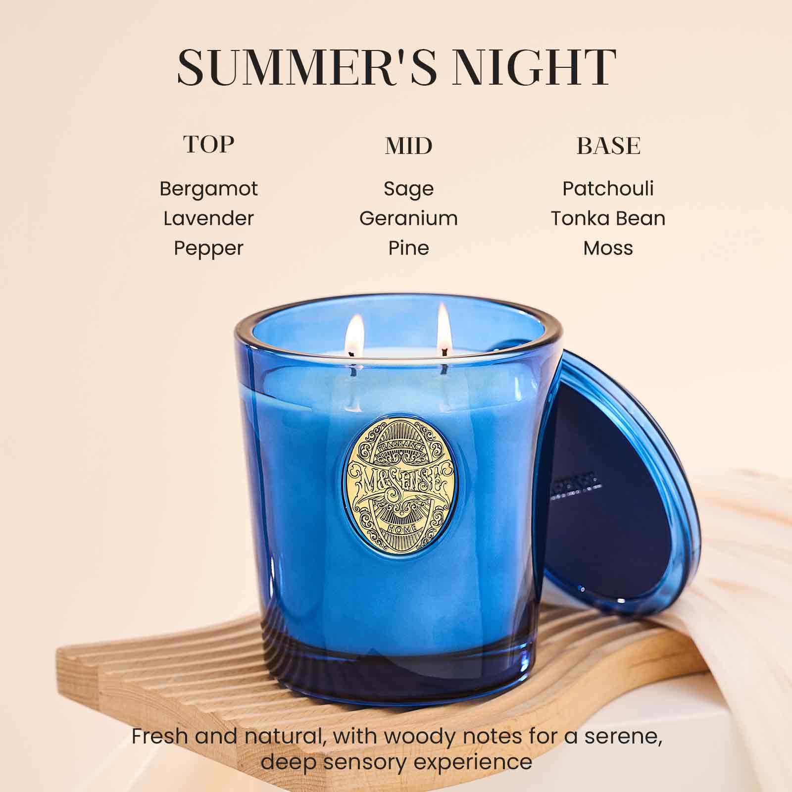 M&SENSE large two-wick summer candle visual 4 emphasizes premium oils delivering steady fragrance