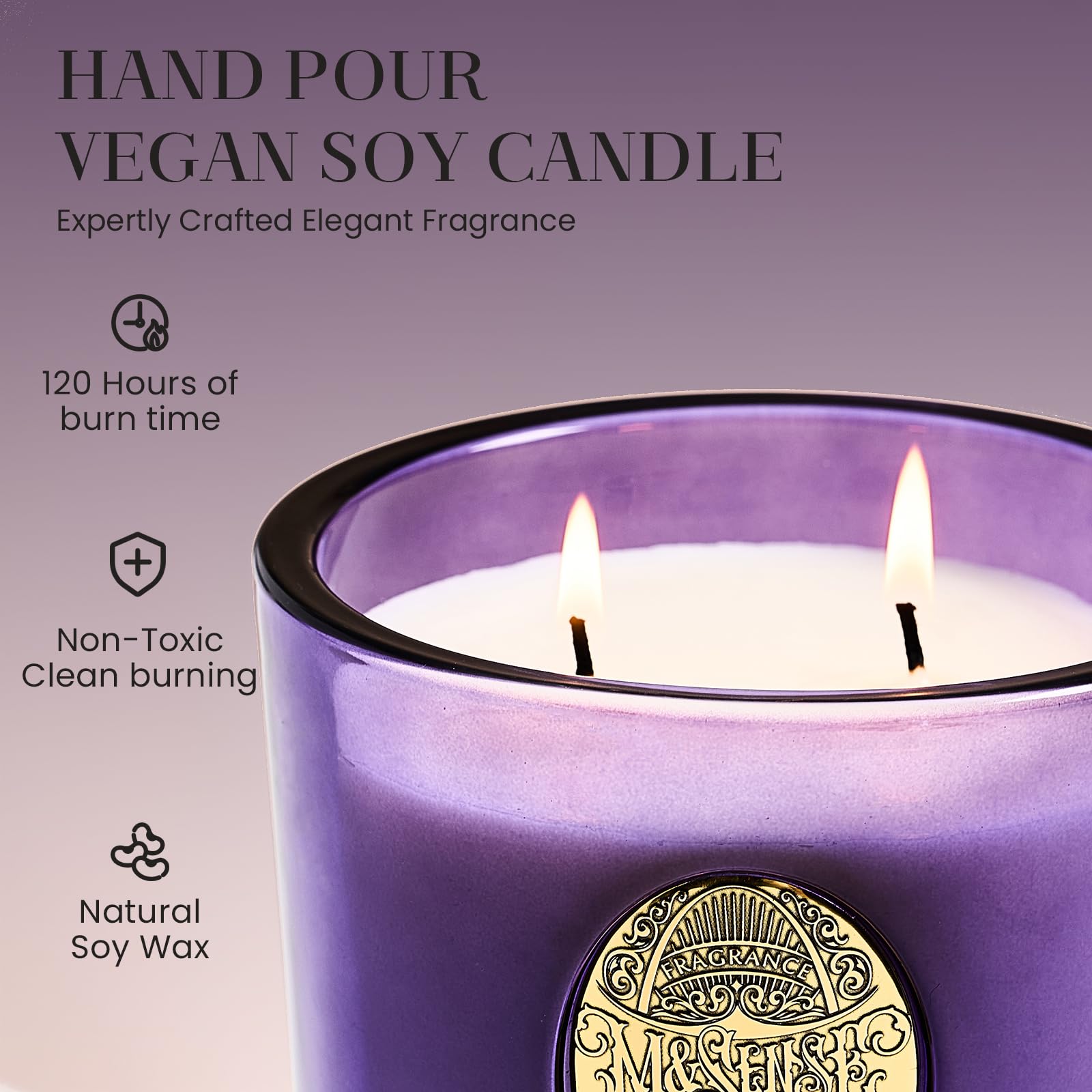 M&SENSE candle closeup showing dual wicks for even burn