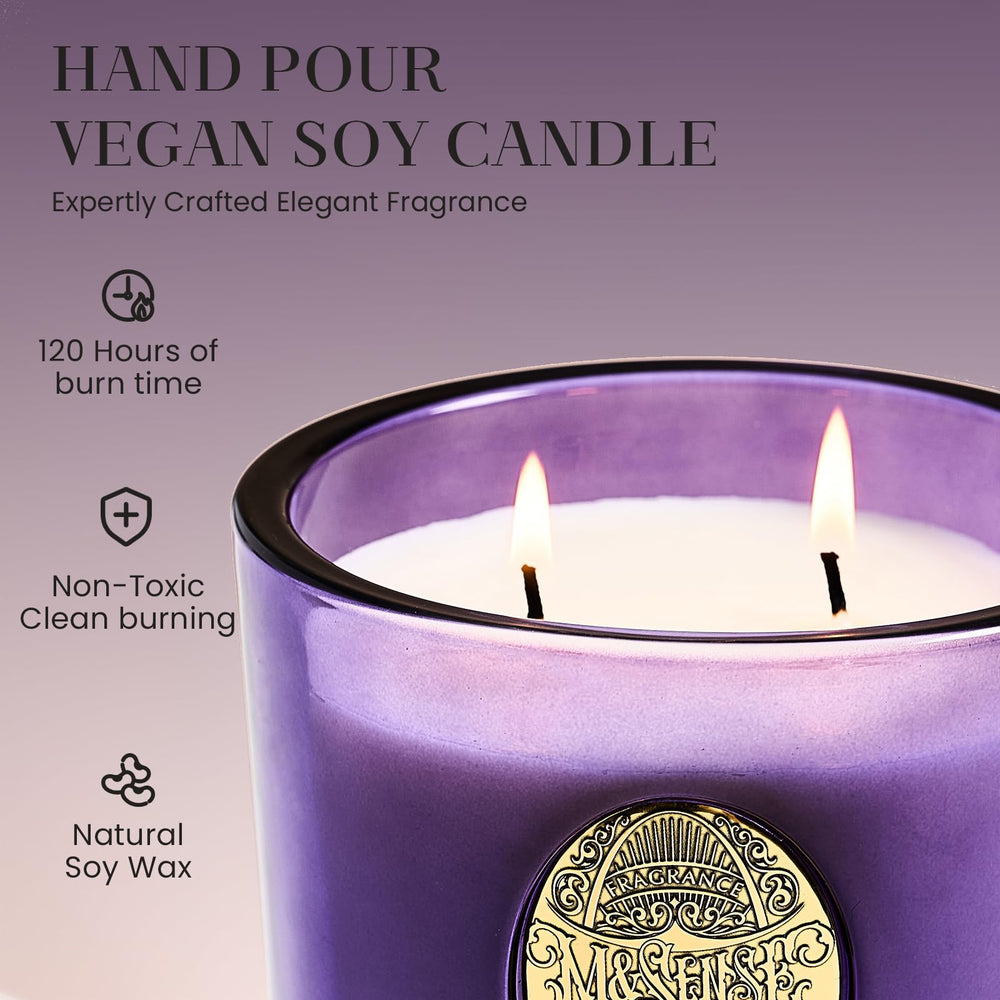 M&SENSE candle closeup showing dual wicks for even burn